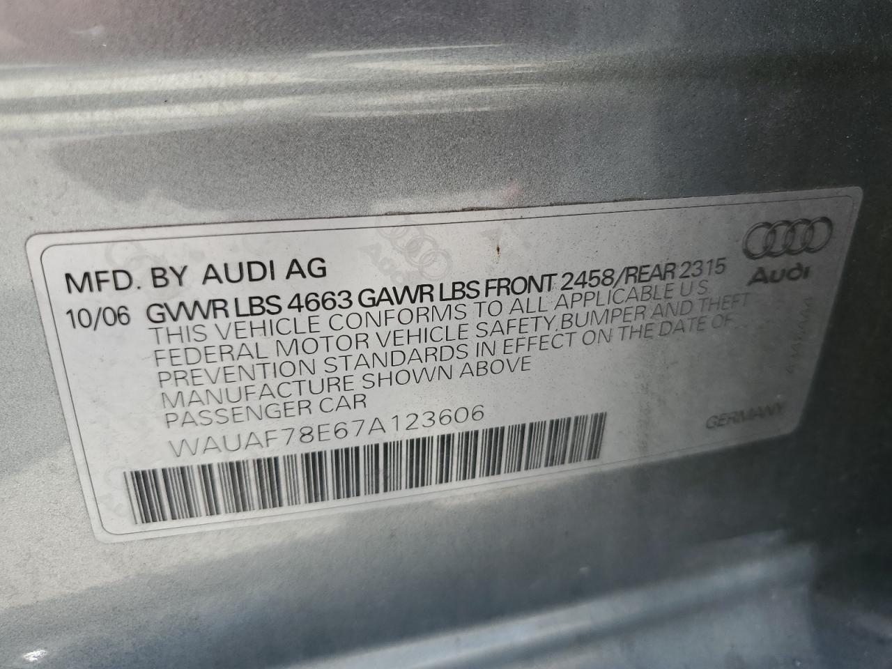 WAUAF78E67A123606 2007 Audi A4 2