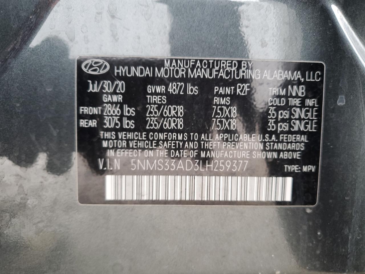 5NMS33AD3LH259377 2020 Hyundai Santa Fe Sel