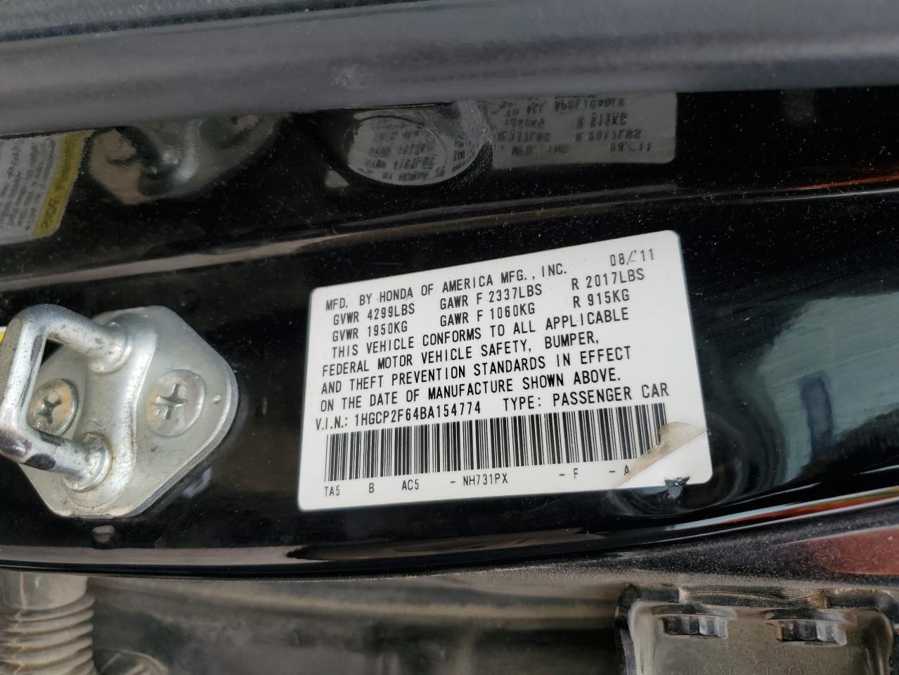 1HGCP2F64BA154774 2011 Honda Accord Se