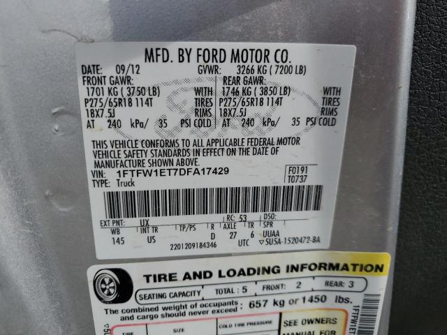 2013 Ford F150 Supercrew VIN: 1FTFW1ET7DFA17429 Lot: 50873524