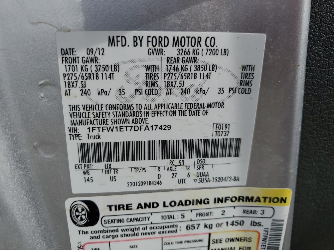 1FTFW1ET7DFA17429 2013 Ford F150 Supercrew