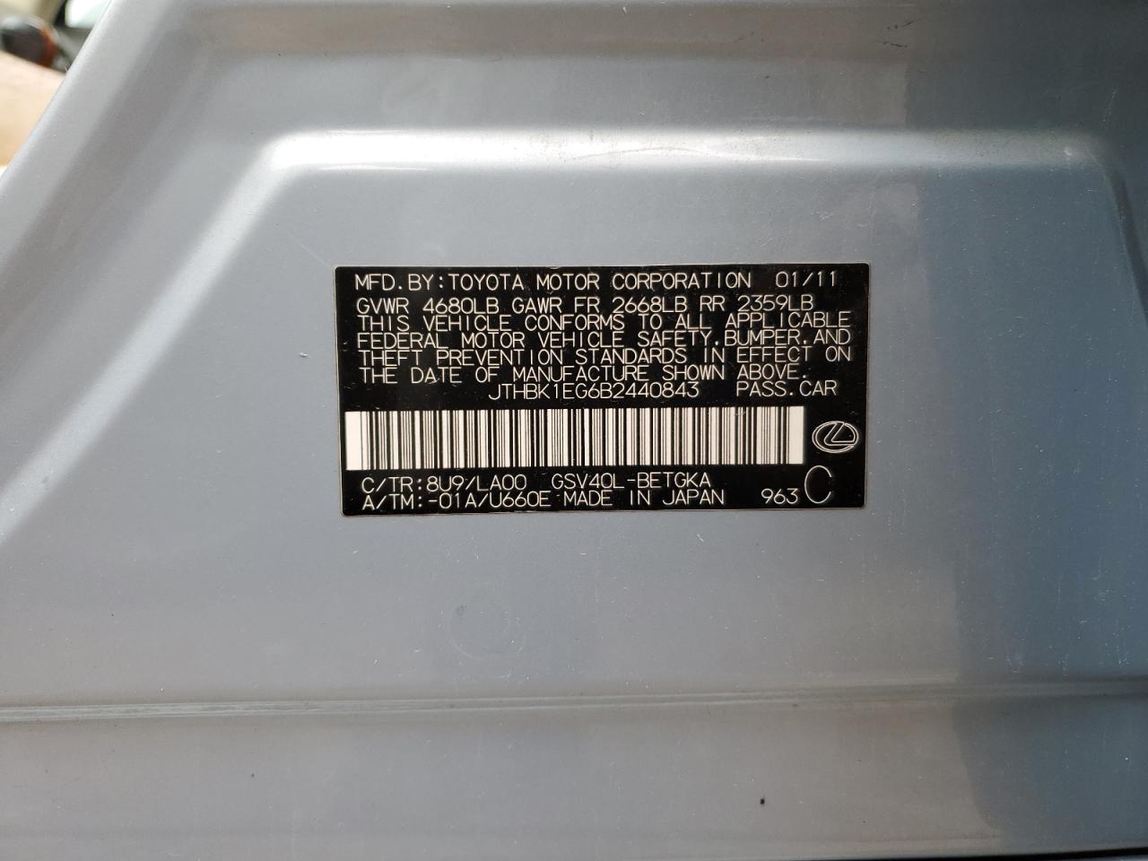 JTHBK1EG6B2440843 2011 Lexus Es 350