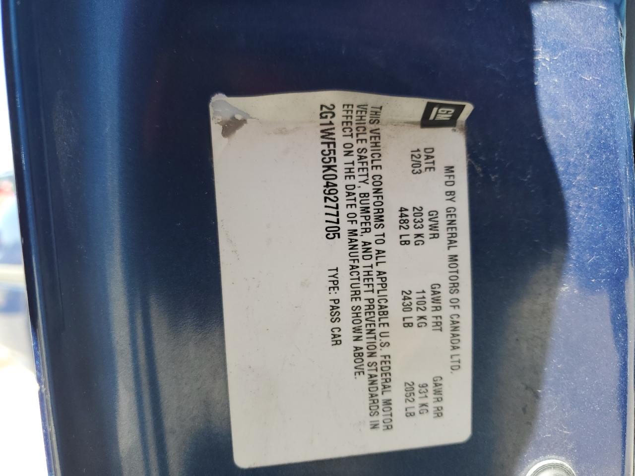 2G1WF55K049277705 2004 Chevrolet Impala