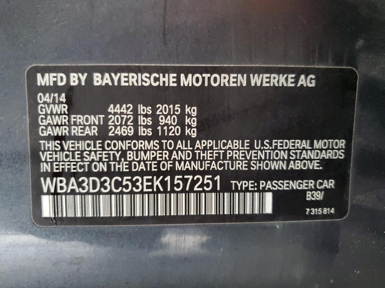 WBA3D3C53EK157251 2014 BMW 328 D
