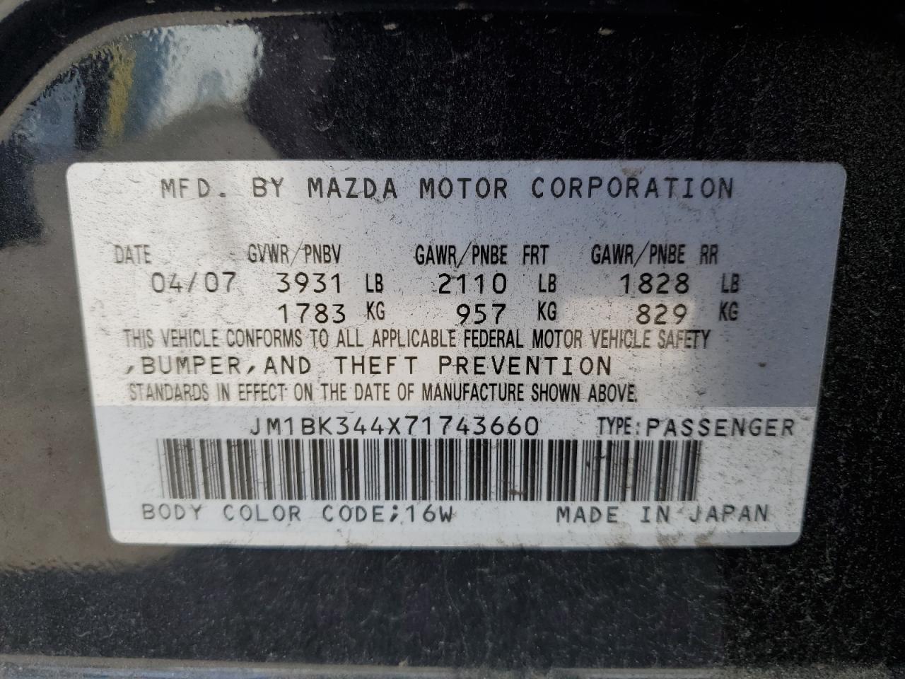 JM1BK344X71743660 2007 Mazda 3 Hatchback