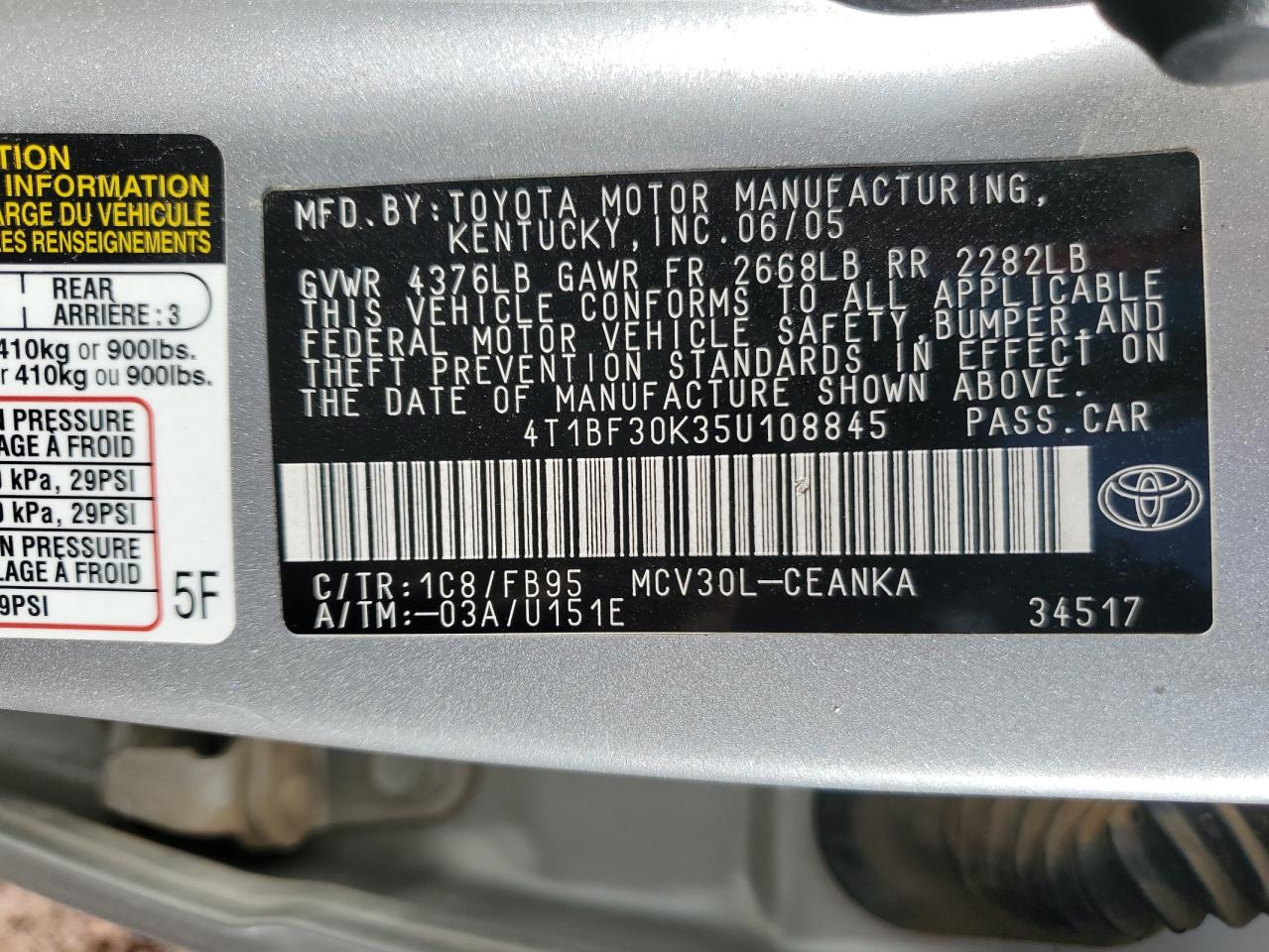 4T1BF30K35U108845 2005 Toyota Camry Le