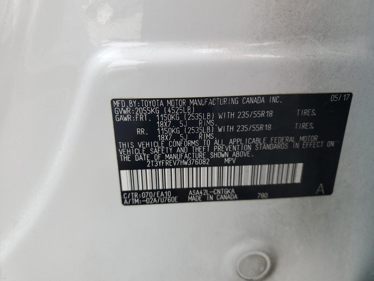 2T3YFREV7HW376082 2017 Toyota Rav4 Limited