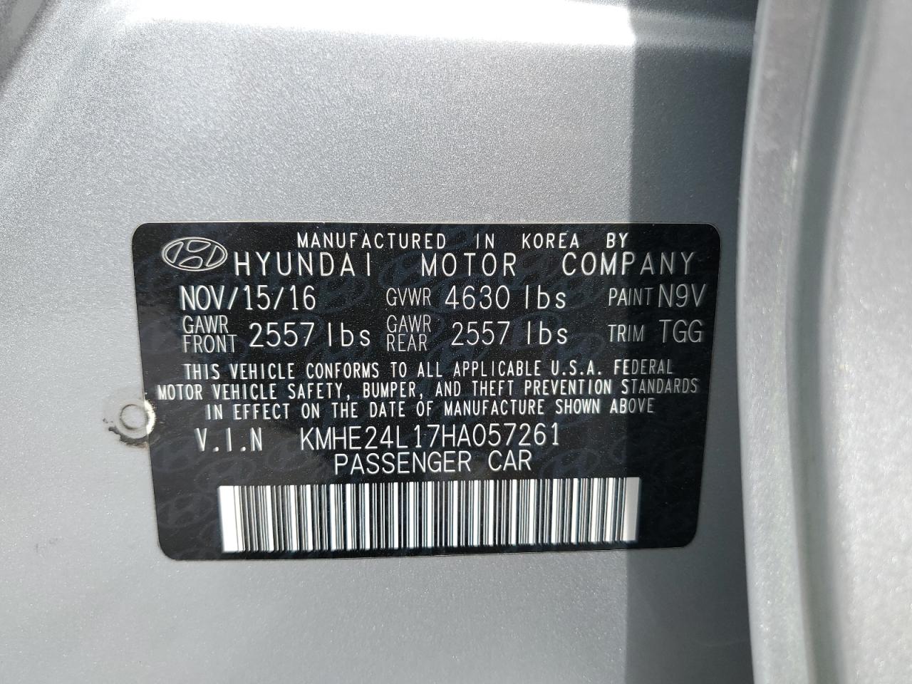 KMHE24L17HA057261 2017 Hyundai Sonata Hybrid