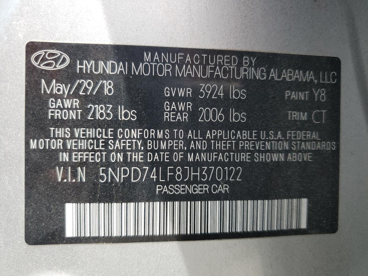 5NPD74LF8JH370122 2018 Hyundai Elantra Se