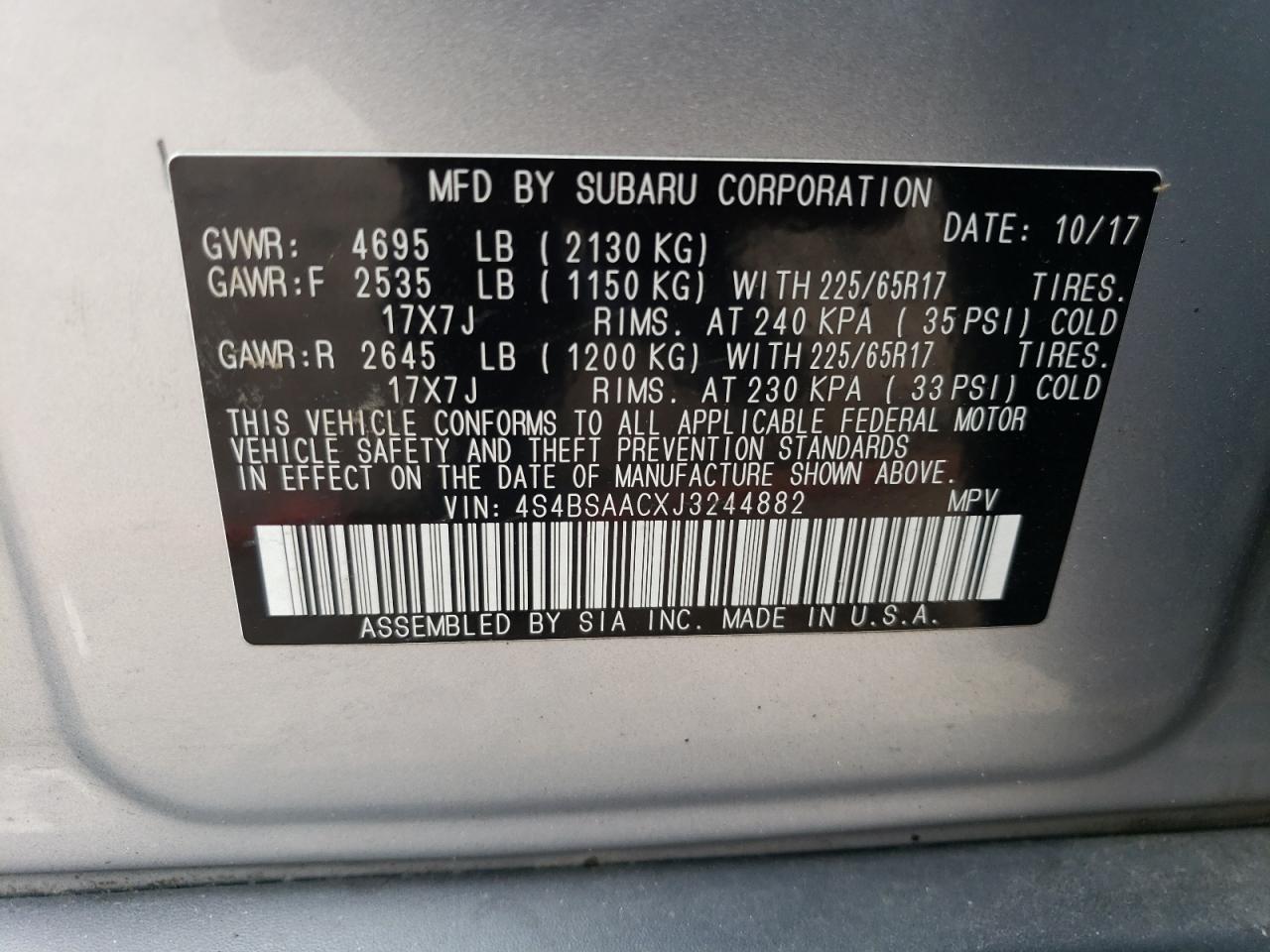 2018 Subaru Outback 2.5I vin: 4S4BSAACXJ3244882