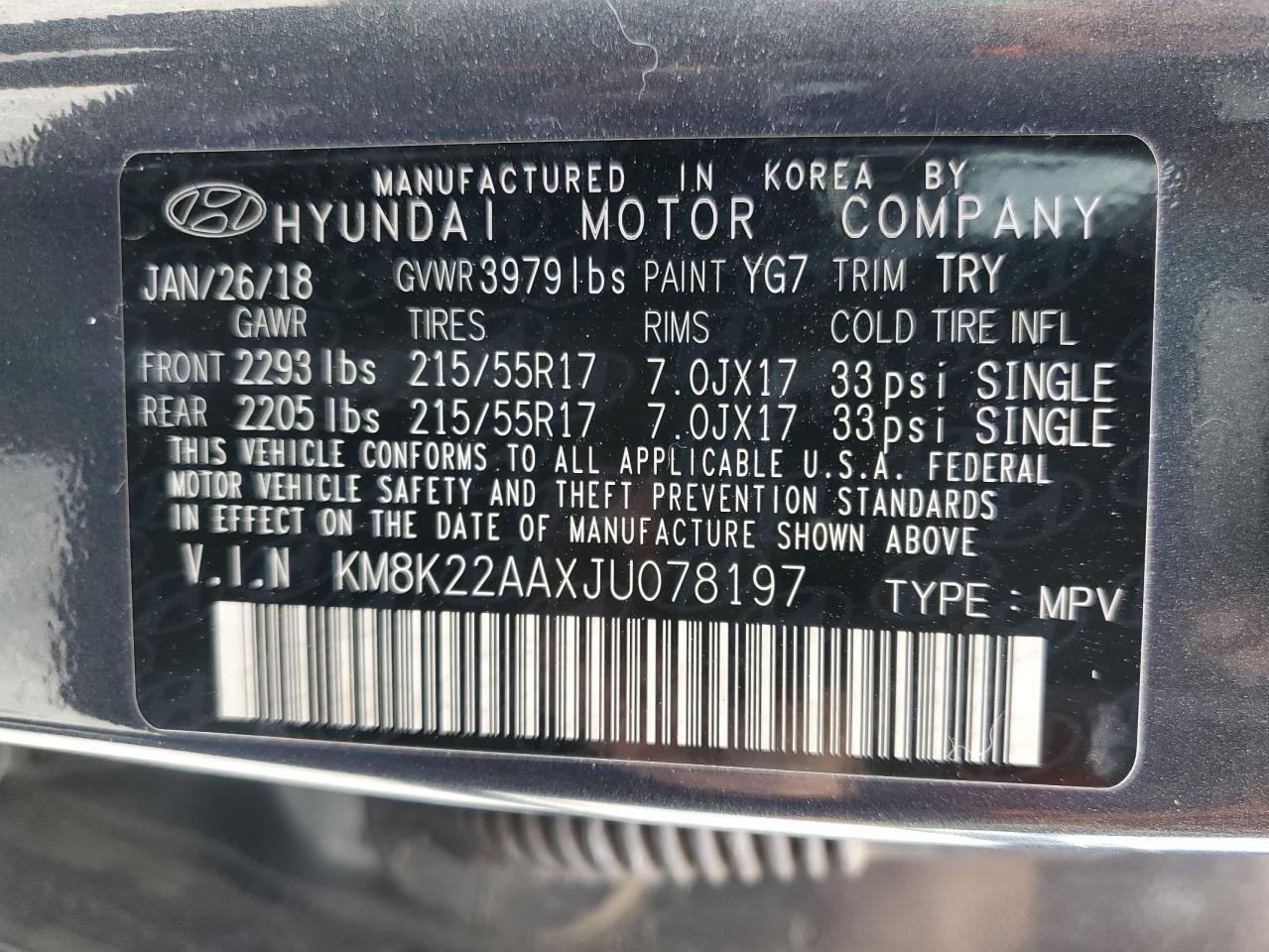 KM8K22AAXJU078197 2018 Hyundai Kona Sel