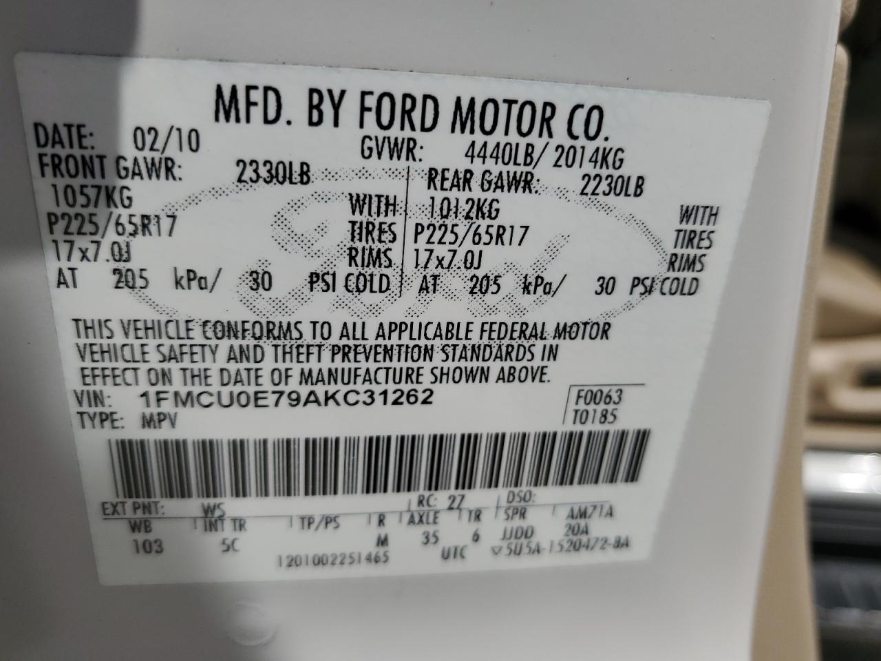 1FMCU0E79AKC31262 2010 Ford Escape Limited