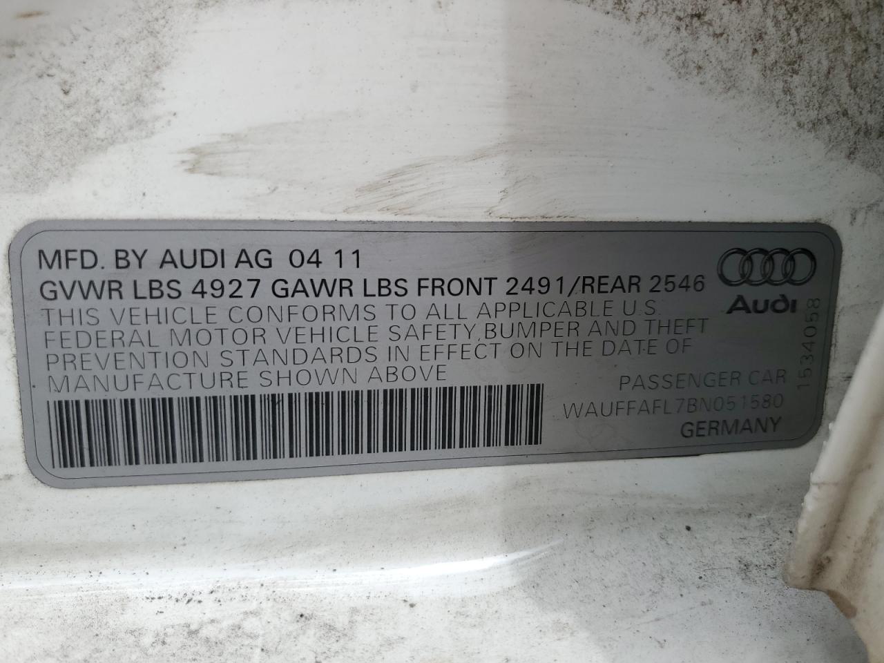 WAUFFAFL7BN051580 2011 Audi A4 Premium Plus