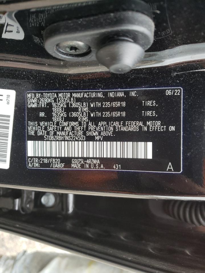 5TDBZRBH1NS224503 2022 Toyota Highlander L