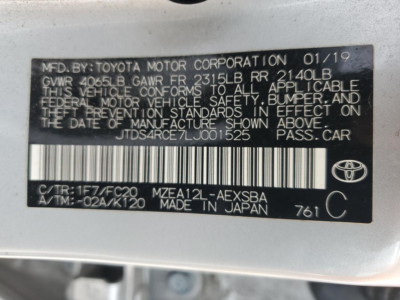 JTDS4RCE7LJ001525 2020 Toyota Corolla Se