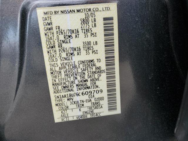 2006 Nissan Pathfinder Le VIN: 5N1AR18U76C609709 Lot: 49765274