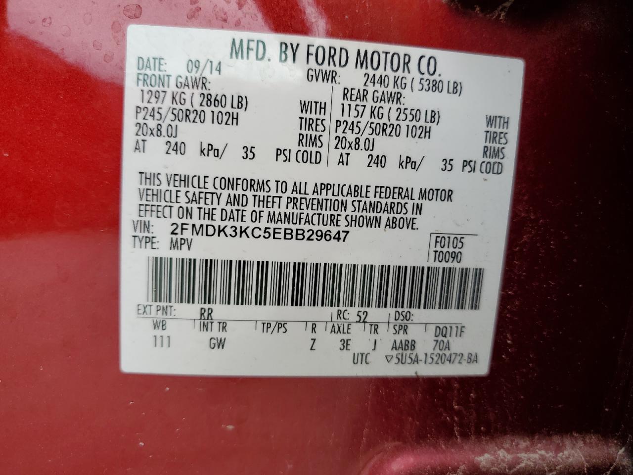 Lot #2517000101 2014 FORD EDGE LIMIT