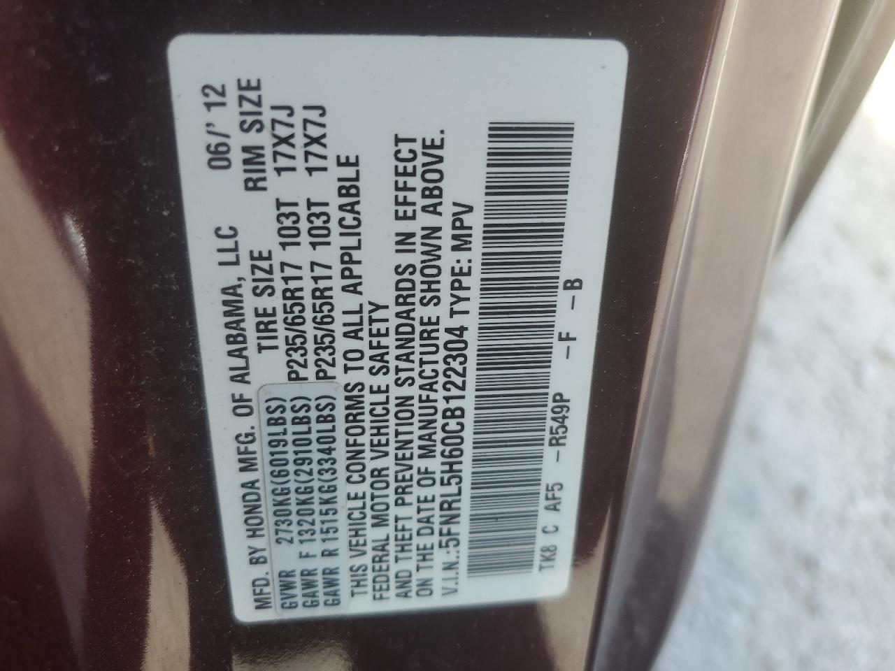 5FNRL5H60CB122304 2012 Honda Odyssey Exl