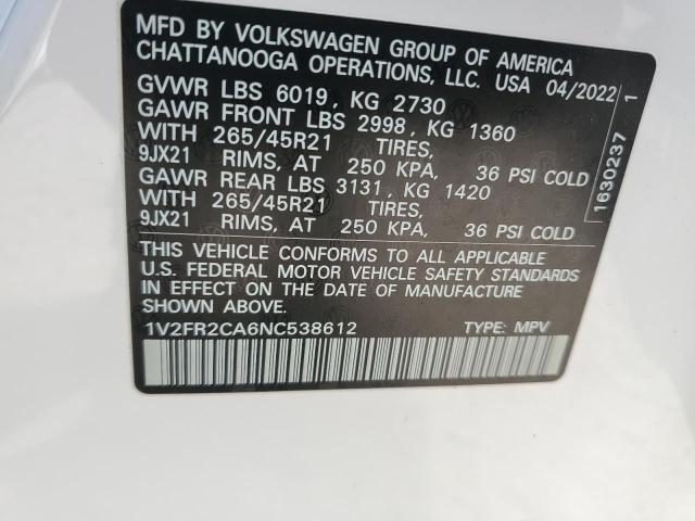 1V2FR2CA6NC538612 Volkswagen Atlas SEL 14