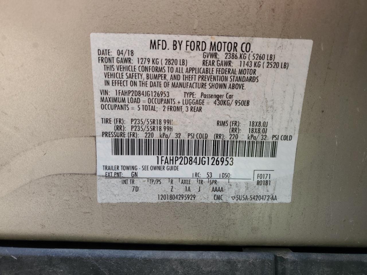 1FAHP2D84JG126953 2018 Ford Taurus Se