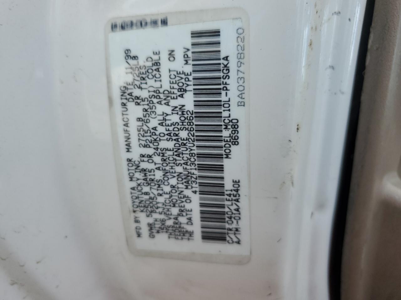 4T3ZF13C8YU226862 2000 Toyota Sienna Le