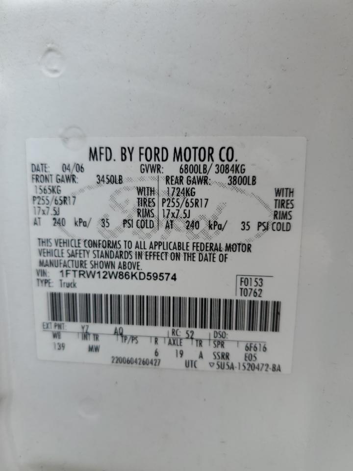 1FTRW12W86KD59574 2006 Ford F150 Supercrew