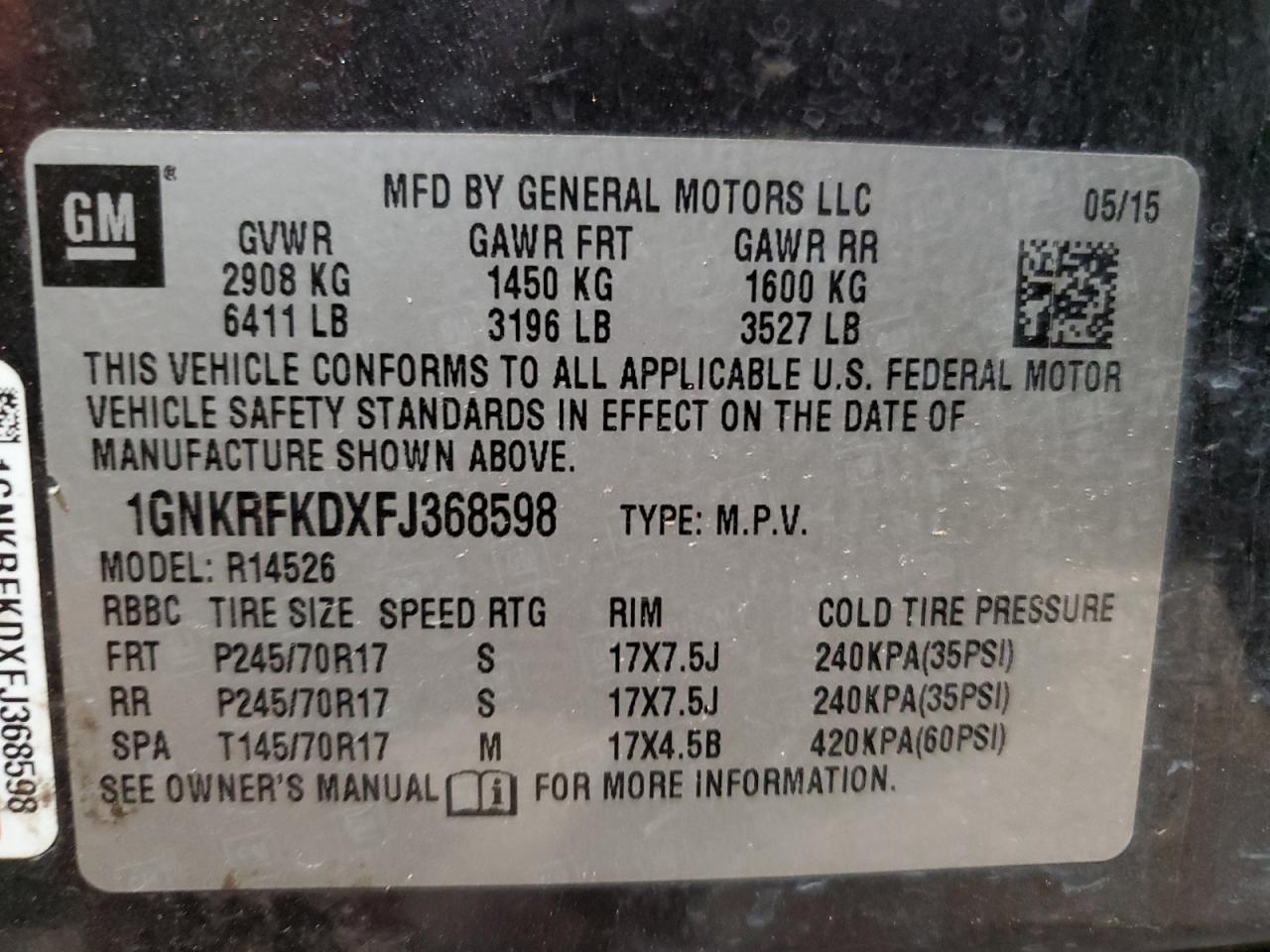 1GNKRFKDXFJ368598 2015 Chevrolet Traverse Ls