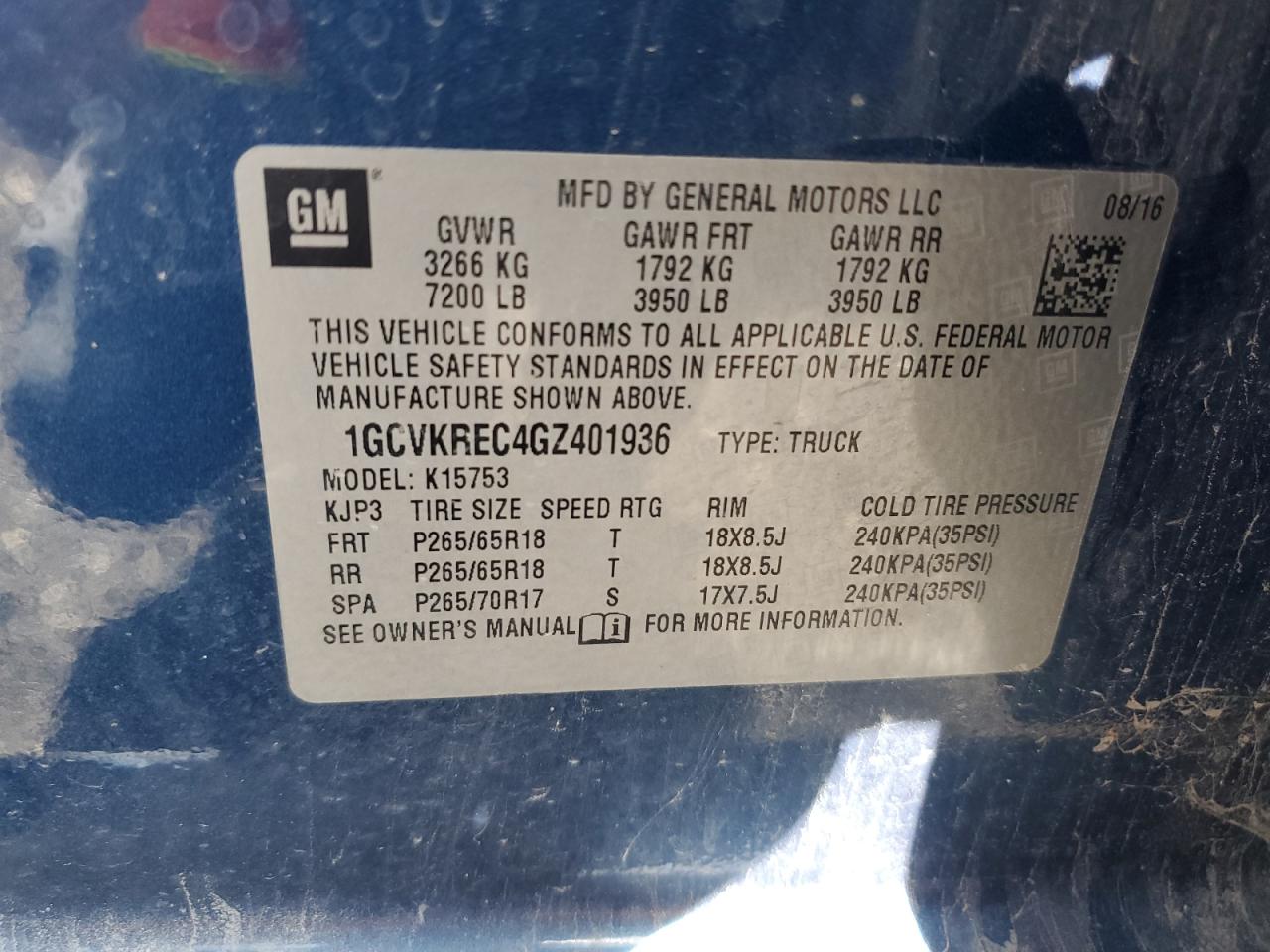 VIN: 1GCVKREC4GZ401936 2016 CHEVROLET ALL Models