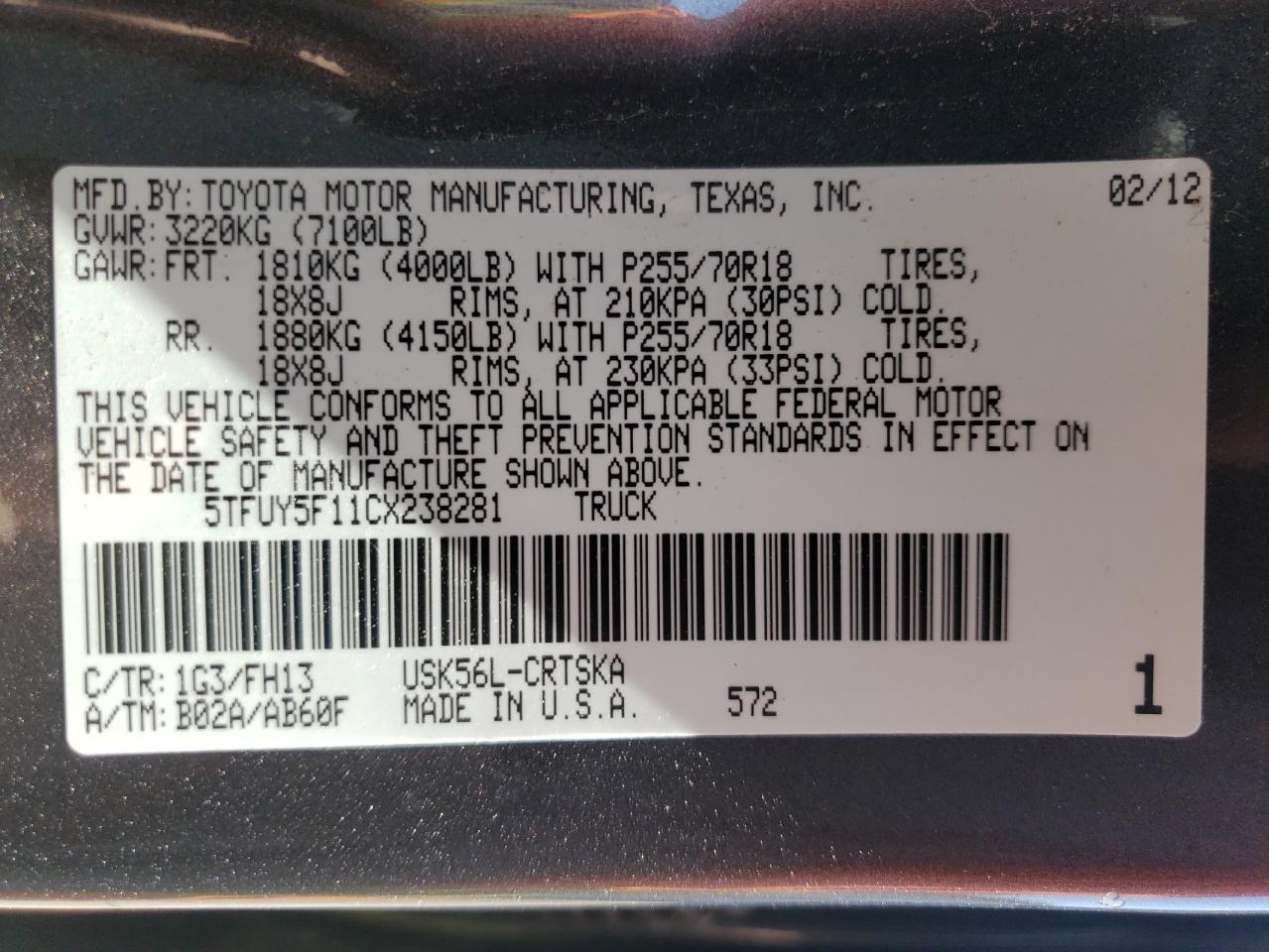 5TFUY5F11CX238281 2012 Toyota Tundra Double Cab Sr5