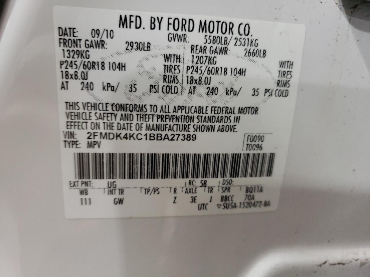 2FMDK4KC1BBA27389 2011 Ford Edge Limited