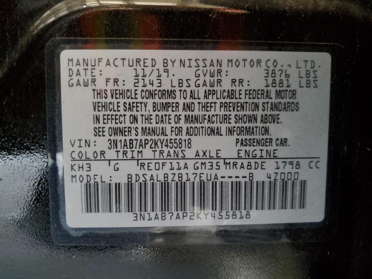 3N1AB7AP2KY455818 2019 Nissan Sentra S