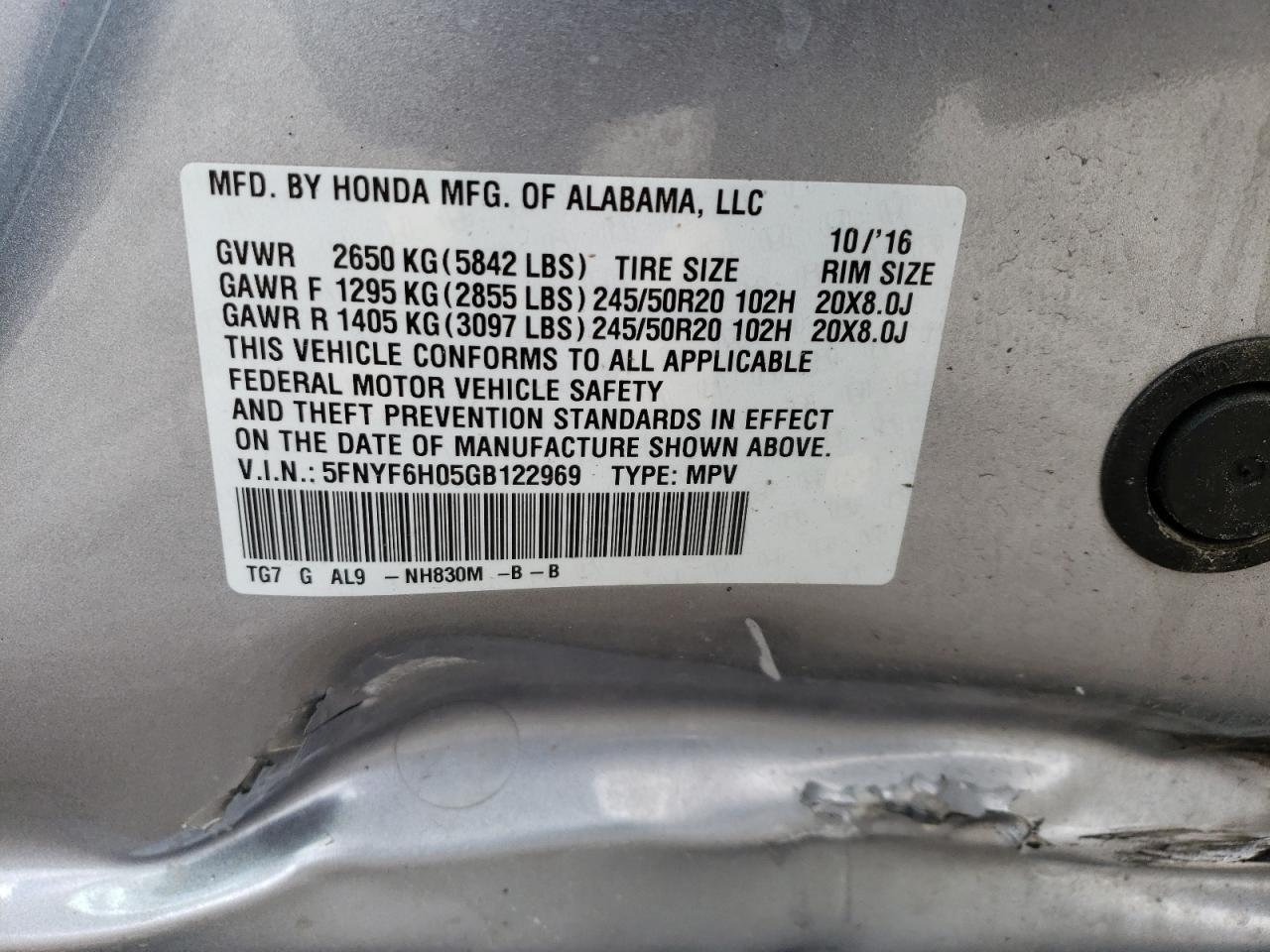 5FNYF6H05GB122969 2016 Honda Pilot Elite