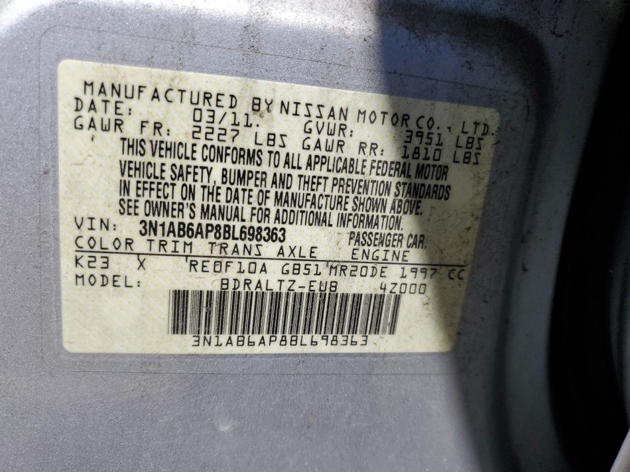 3N1AB6AP8BL698363 2011 Nissan Sentra 2.0