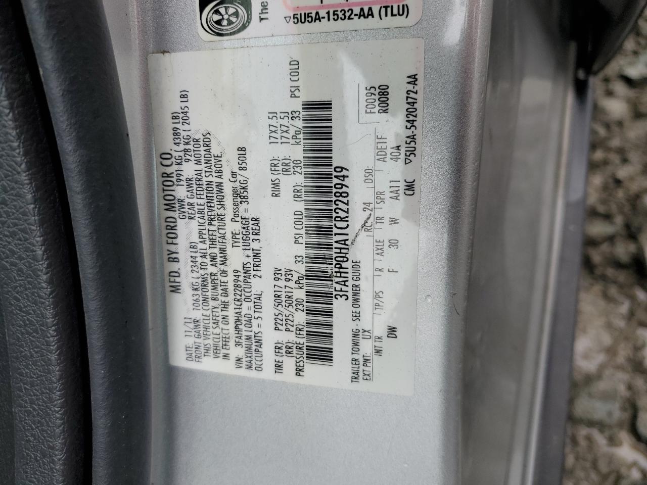 3FAHP0HA1CR228949 2012 Ford Fusion Se