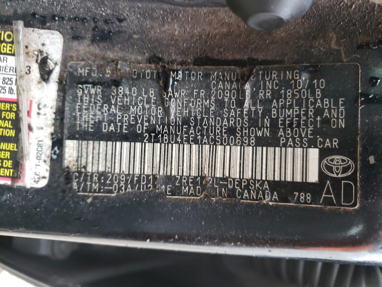 2T1BU4EE1AC500698 2010 Toyota Corolla Base