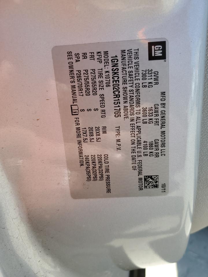 1GNSKCE02CR151765 2012 Chevrolet Tahoe K1500 Ltz