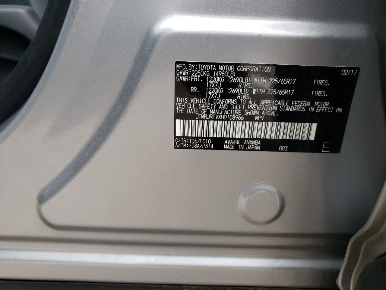 JTMRJREVXHD108966 2017 Toyota Rav4 Hv Le