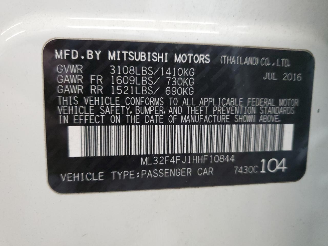 ML32F4FJ1HHF10844 2017 Mitsubishi Mirage G4 Se