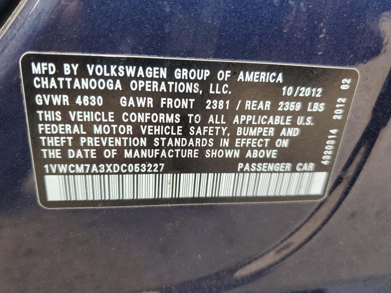 1VWCM7A3XDC053227 2013 Volkswagen Passat Sel