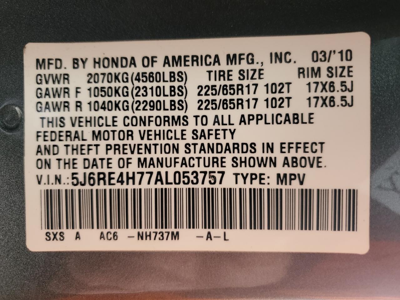 5J6RE4H77AL053757 2010 Honda Cr-V Exl