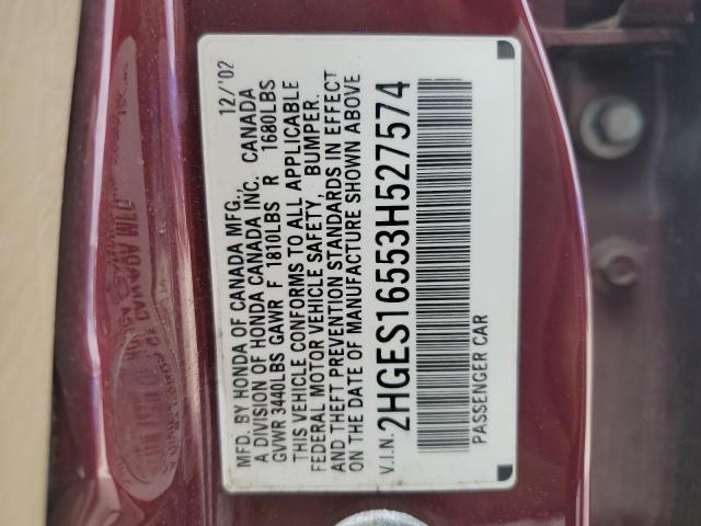 2003 Honda Civic Lx VIN: 2HGES16553H527574 Lot: 48763344