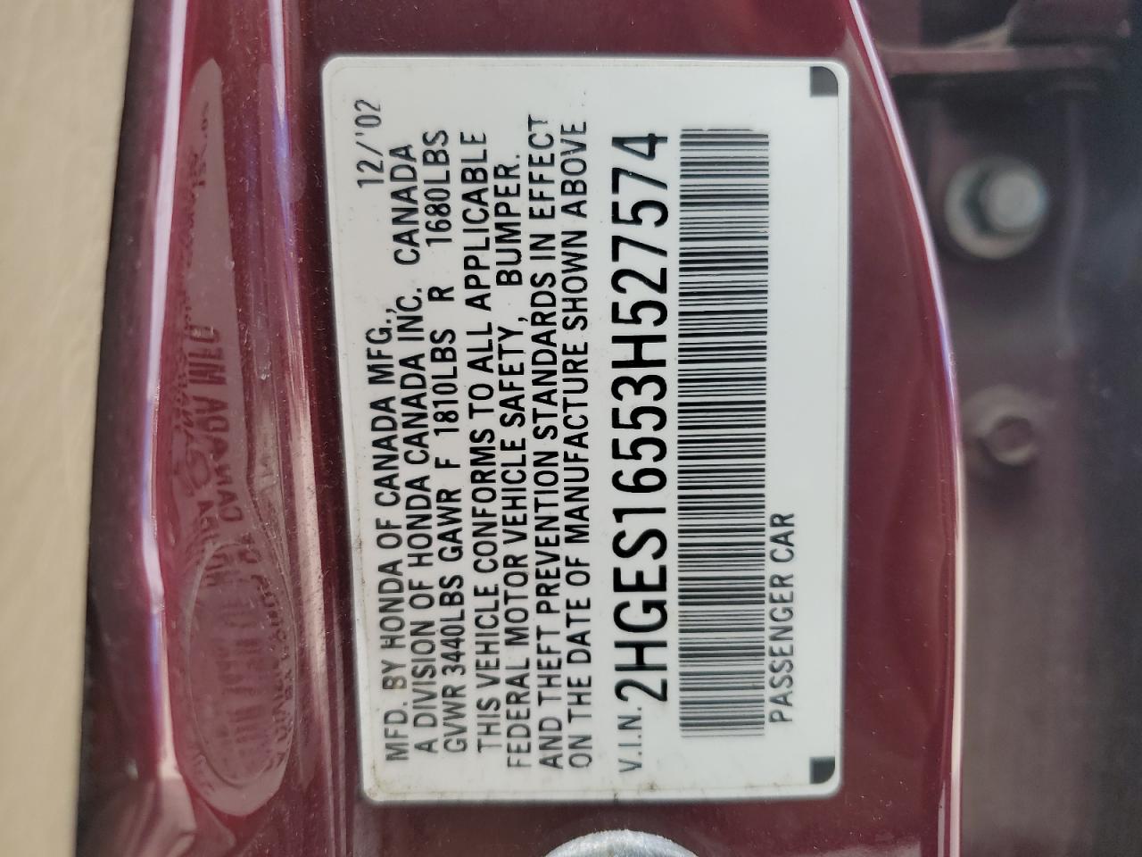 2HGES16553H527574 2003 Honda Civic Lx