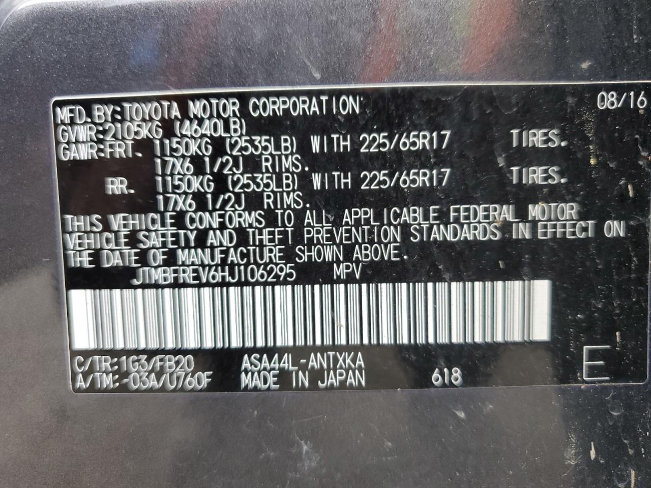 JTMBFREV6HJ106295 2017 Toyota Rav4 Le