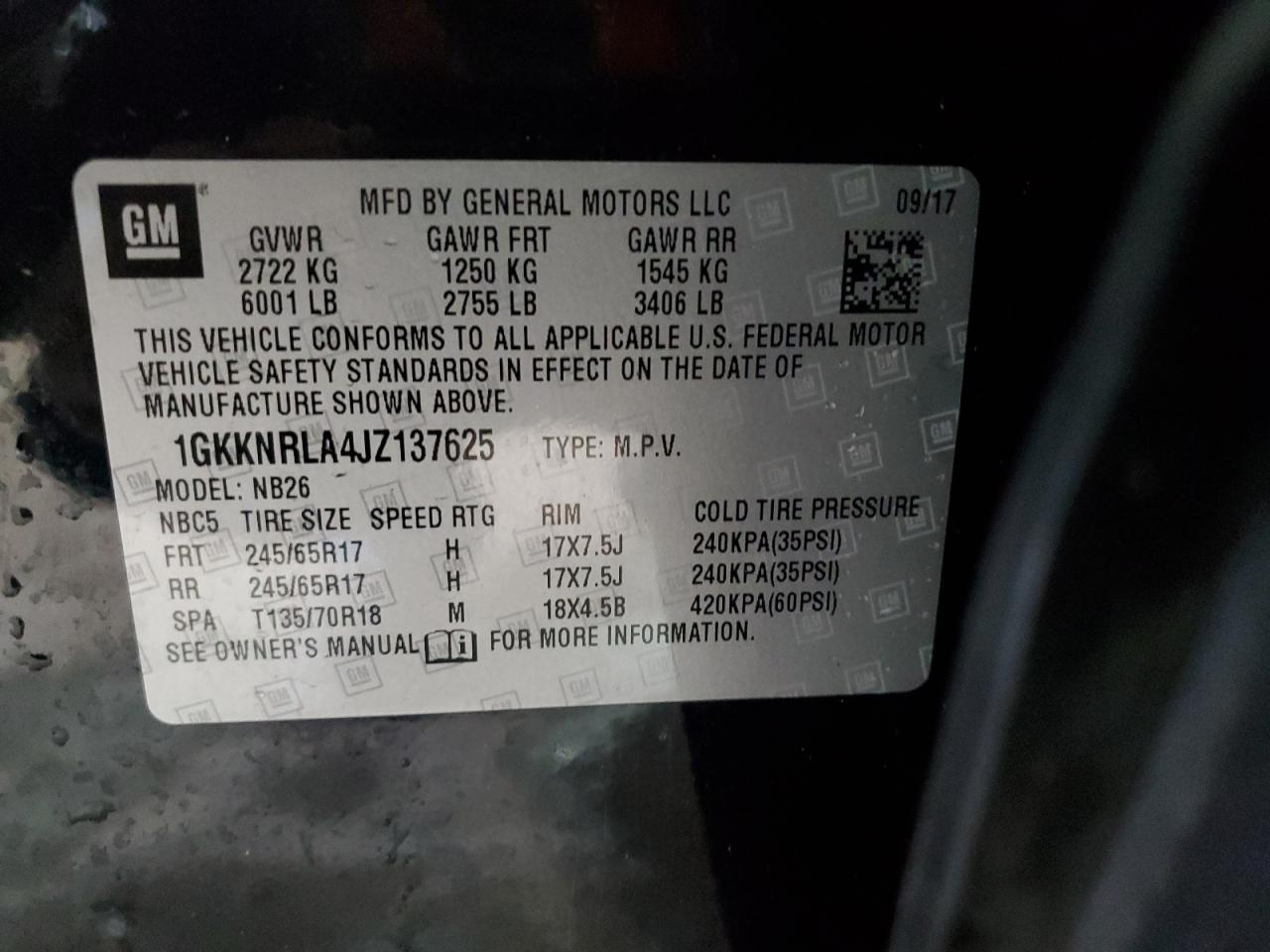 1GKKNRLA4JZ137625 2018 GMC Acadia Sle