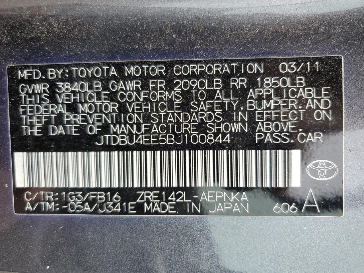 JTDBU4EE5BJ100844 2011 Toyota Corolla Base