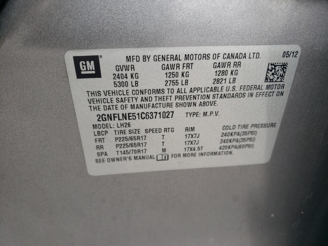 2GNFLNE51C6371027 2012 Chevrolet Equinox Lt