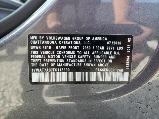 2015 Volkswagen Passat S VIN: 1VWAT7A37FC115339 Lot: 52140074