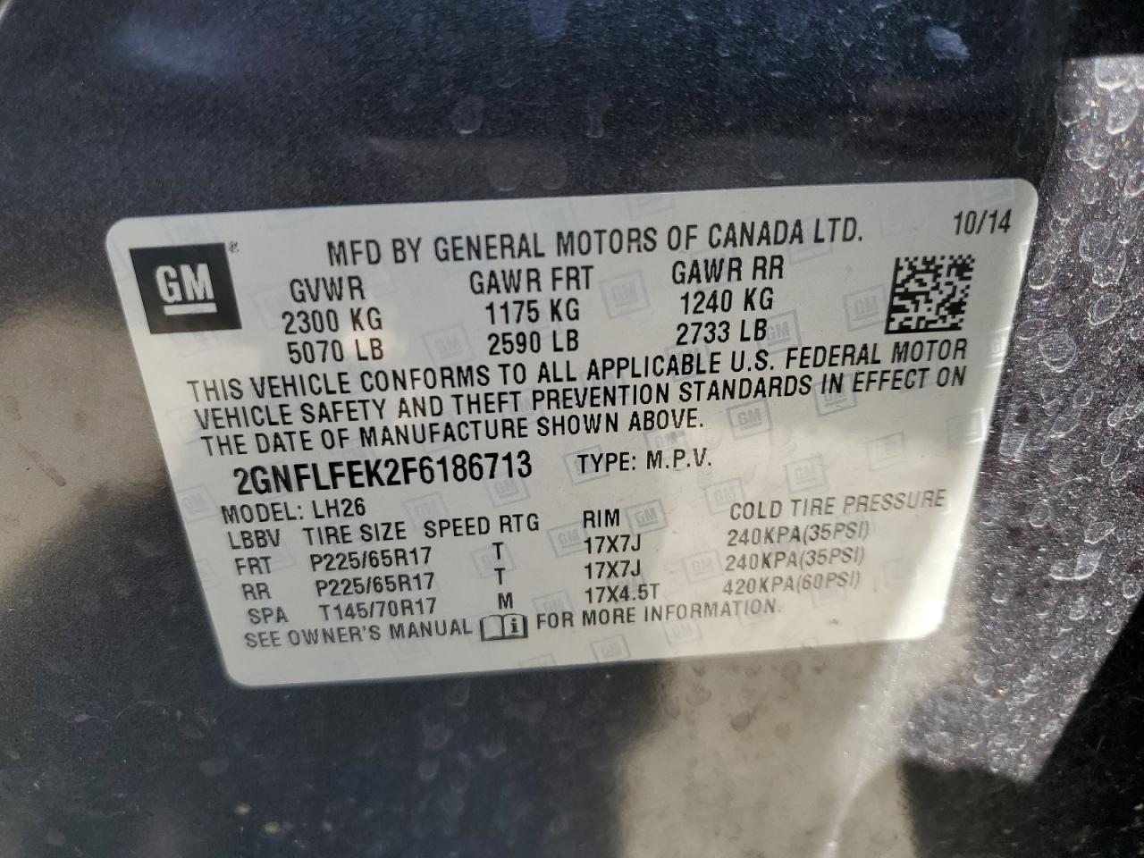 2GNFLFEK2F6186713 2015 Chevrolet Equinox Lt