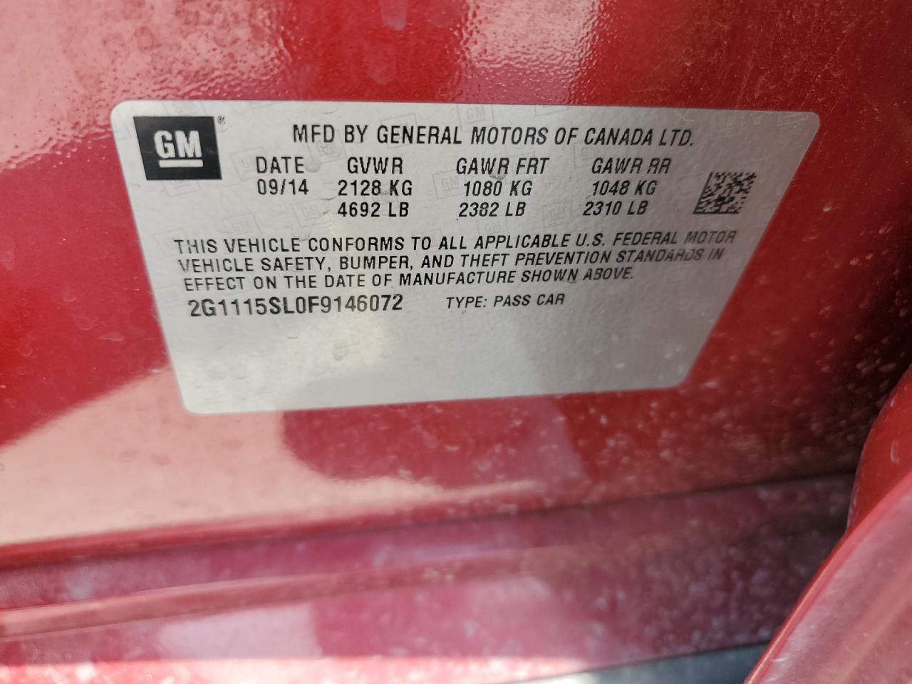 2G1115SL0F9146072 2015 Chevrolet Impala Lt