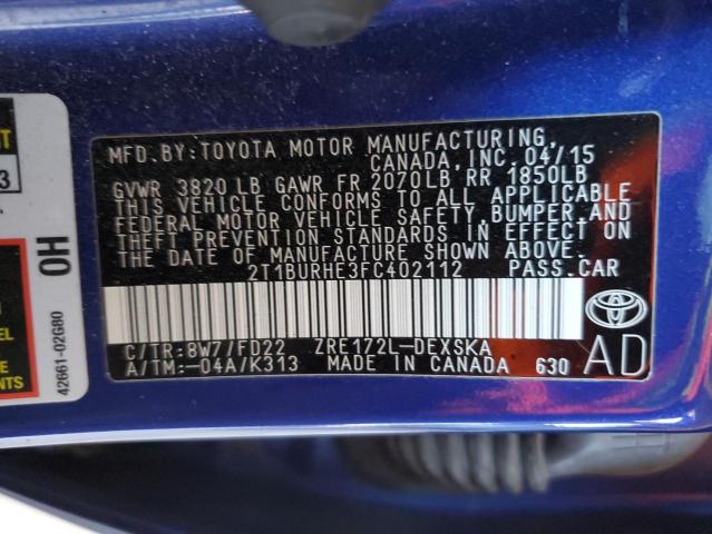 2015 Toyota Corolla L VIN: 2T1BURHE3FC402112 Lot: 51290114